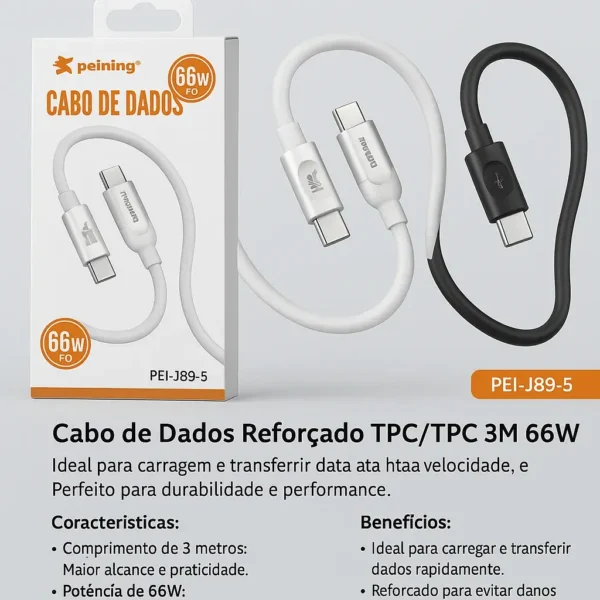 Cabo Reforçado 3m Universal USB-C Lightning Carregamento Rápido