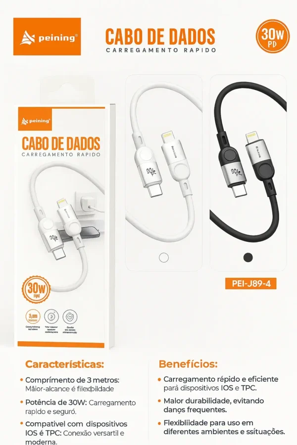 Cabo Reforçado 3m Universal USB-C Lightning Carregamento Rápido