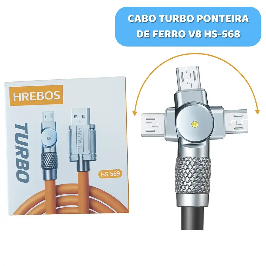 Cabo V8 reforçado com detalhe da ponteira de ferro e embalagem turbo.
