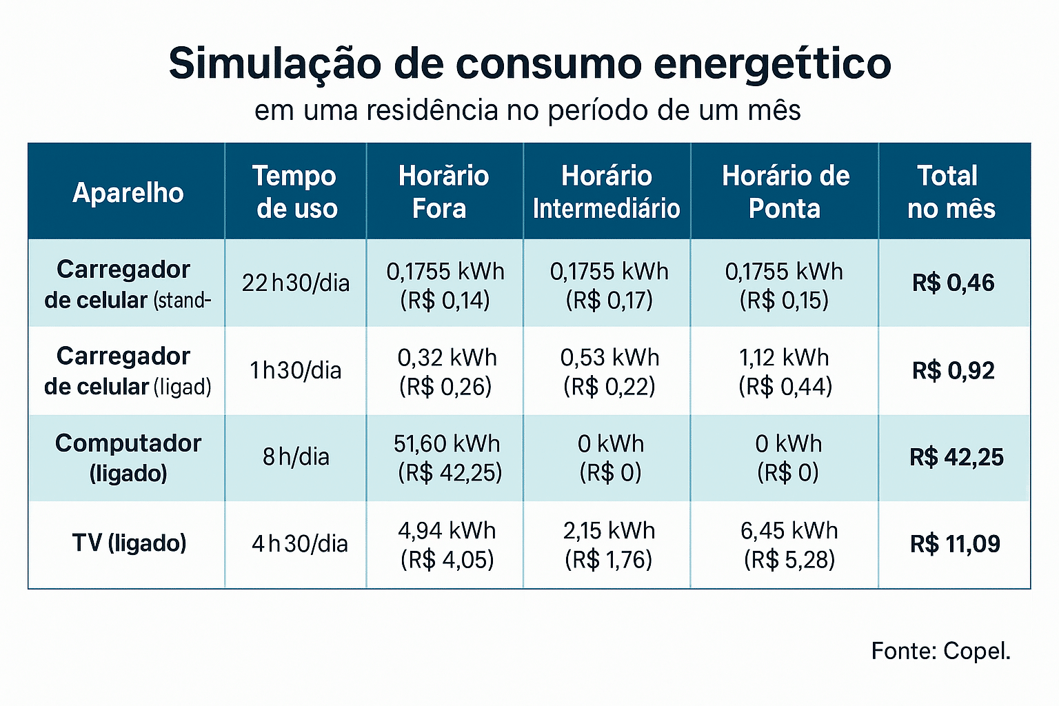 Gráfico comparativo do consumo de energia de um carregador em standby vs outros aparelhos, fonte Copel