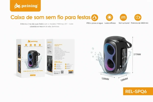 Caixa de Som Portátil à Prova d'Água 20W com LED RGB