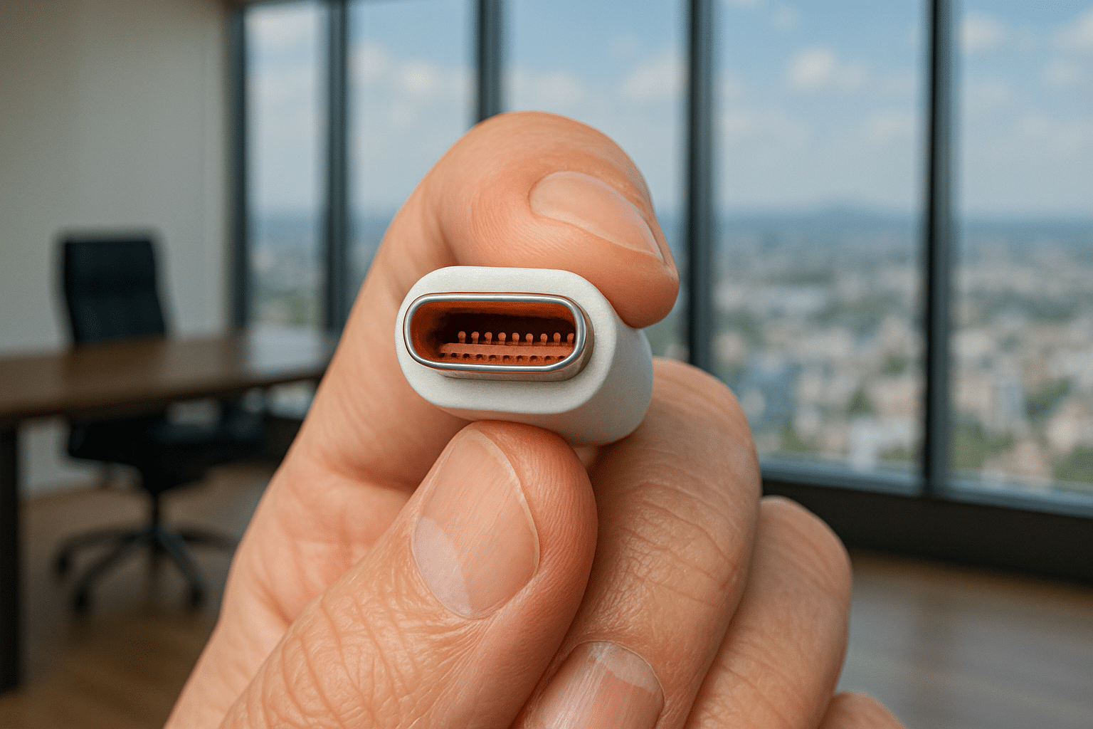 Mão segurando um conector USB-C mostrando seus detalhes e pinos internos